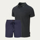 Grey Polo + Blue Swim Trunks