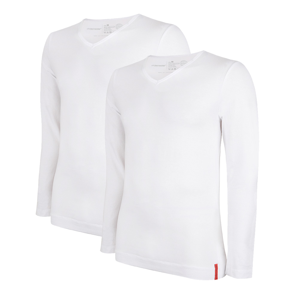 Undiemeister® Slim Fit Longsleeve V-hals 2-pack Chalk White - Kwaliteit Heren Ondershirts - XS
